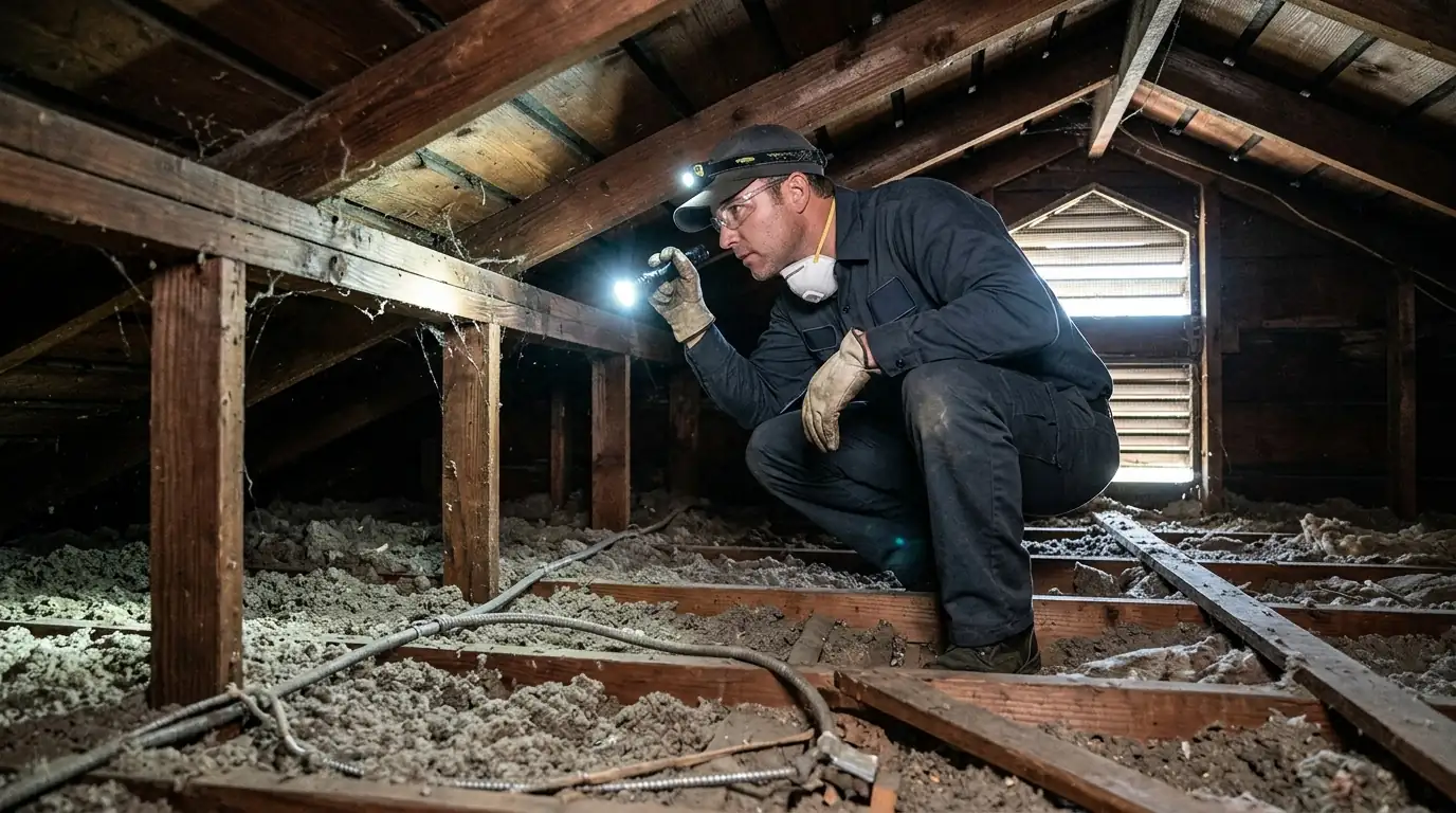 Technician inspecting the attic of an older Burbank bungalow for roof rat and termite evidence, pestcontrolhuntingtonbeachca Burbank detail