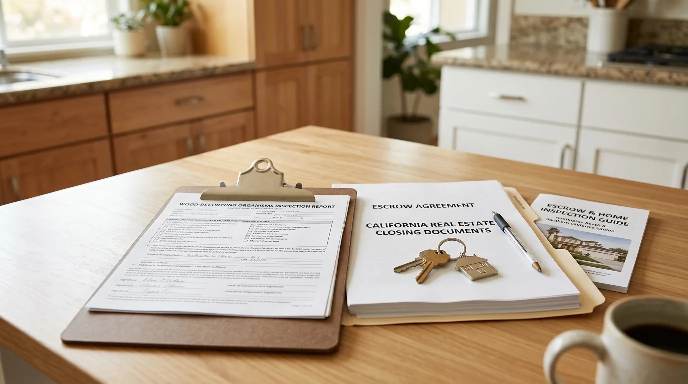 Wood-destroying organism inspection report on a clipboard beside house keys and escrow documents on a Los Angeles kitchen table, pestcontrolhuntingtonbeachca escrow guide feature