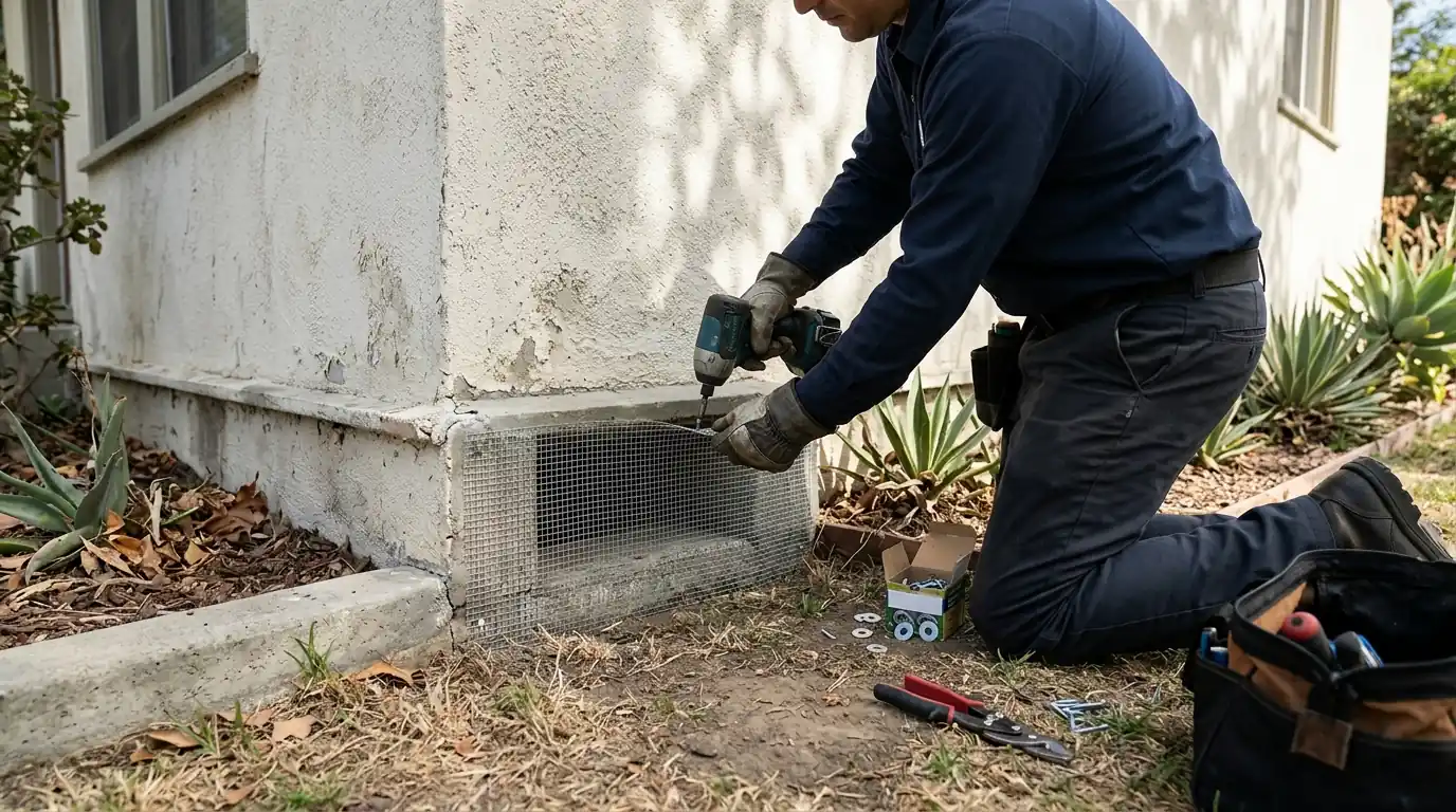 Technician fitting galvanized hardware cloth over a foundation vent on a Los Angeles bungalow, pestcontrolhuntingtonbeachca exclusion feature