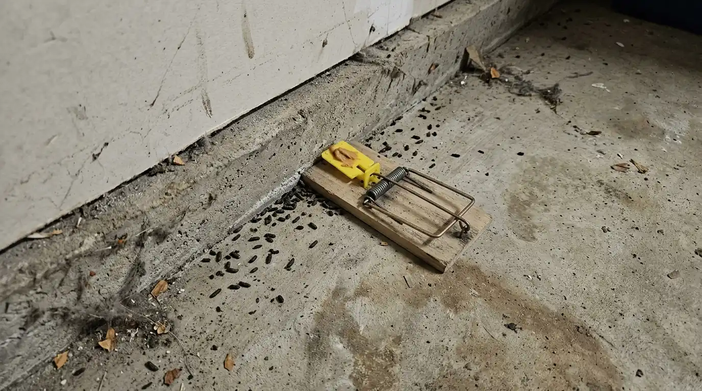 Snap trap placed perpendicular to a garage wall runway beside droppings in a Los Angeles home, pestcontrolhuntingtonbeachca mouse detail