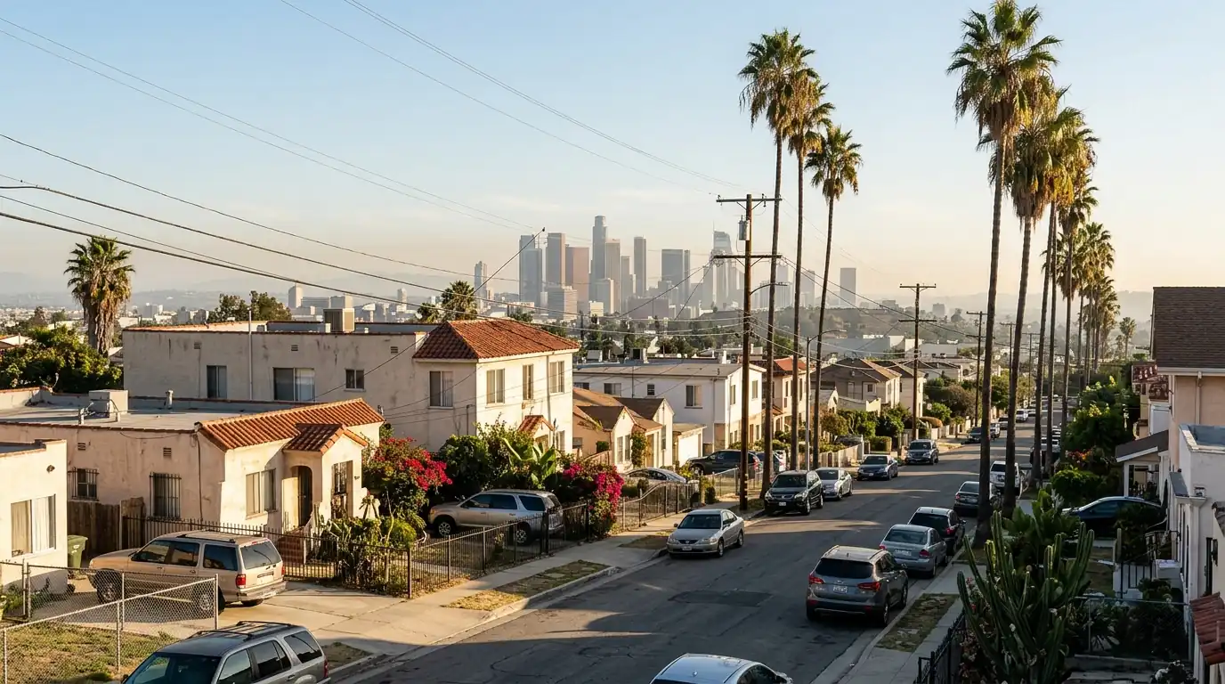 Los Angeles County neighborhood of stucco homes and palm trees with the downtown skyline in the distance, pestcontrolhuntingtonbeachca LA County feature