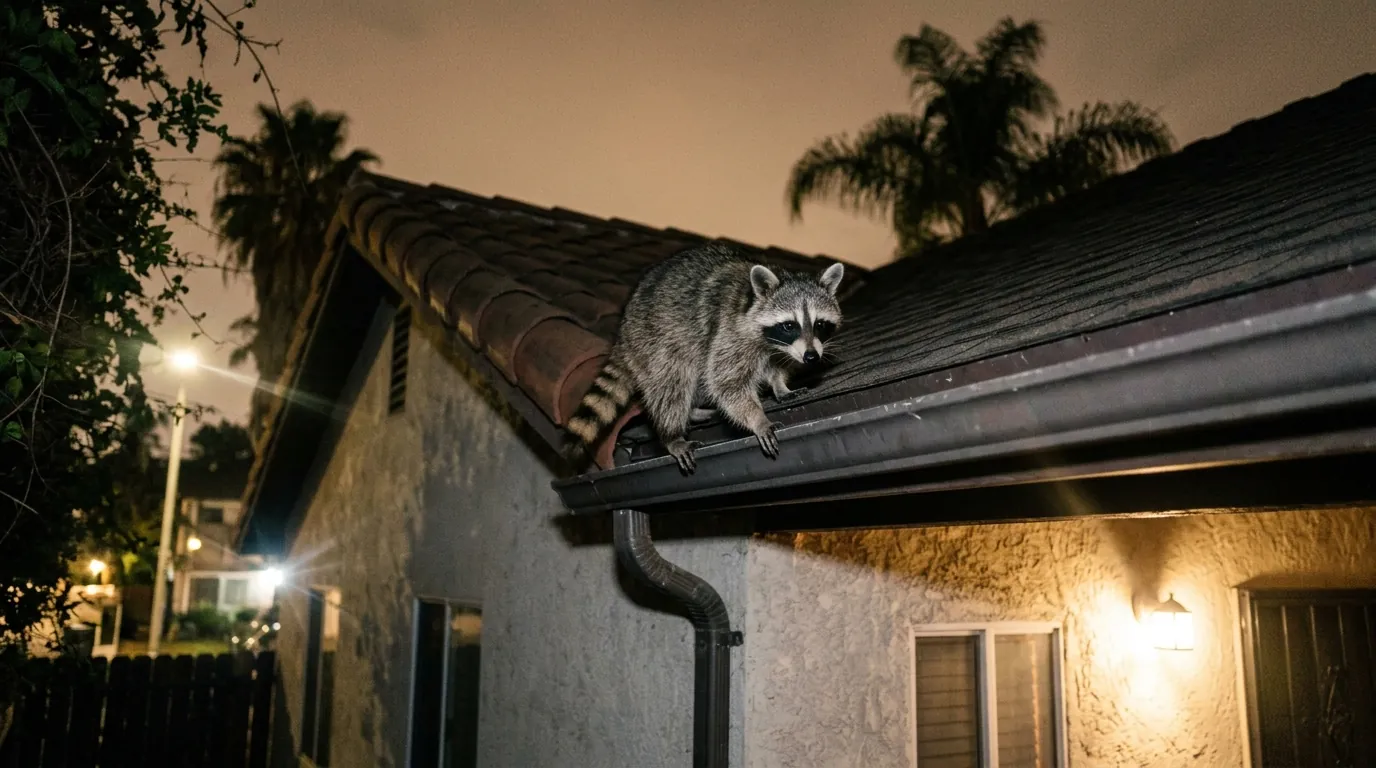 Raccoon climbing along the roofline and gutter of a Los Angeles home at night, pestcontrolhuntingtonbeachca raccoon feature