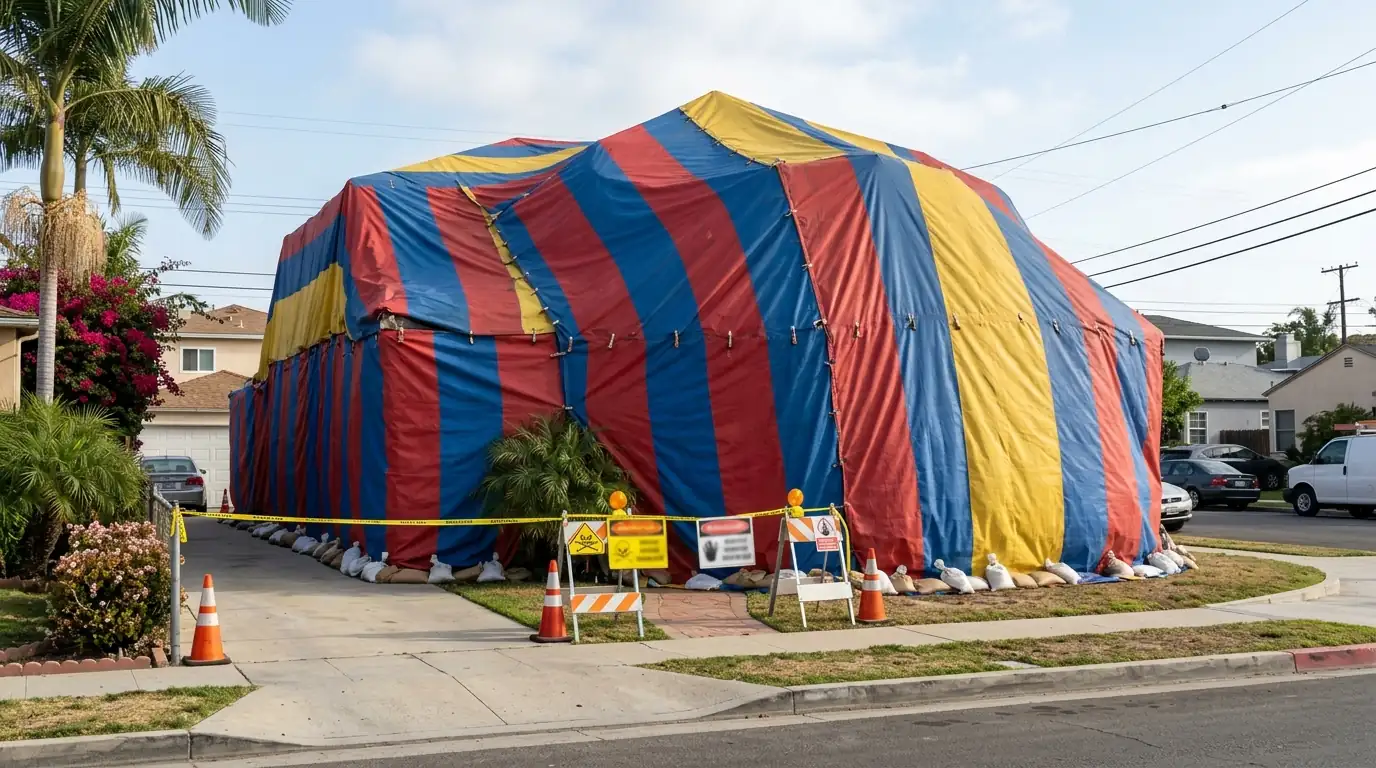 A Los Angeles home fully covered in fumigation tenting with warning signage at the front walk, pestcontrolhuntingtonbeachca fumigation detail