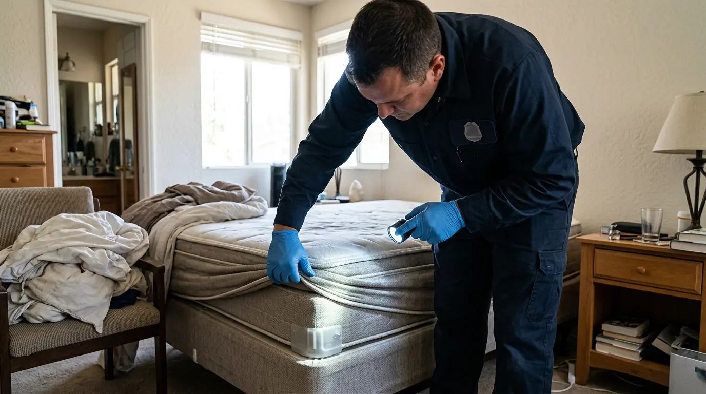 Technician inspecting mattress piping and box spring seams with a flashlight in a Los Angeles bedroom, pestcontrolhuntingtonbeachca bed bug detail