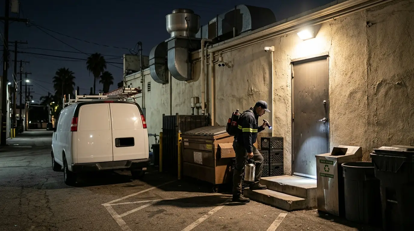 Exterior of a Los Angeles restaurant at night after closing with a service technician at the back door, pestcontrolhuntingtonbeachca restaurant feature
