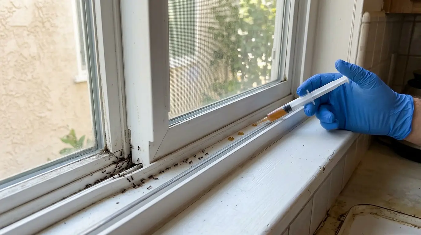 Gel bait placement along a kitchen window frame where an ant trail enters a Los Angeles home, pestcontrolhuntingtonbeachca ant detail