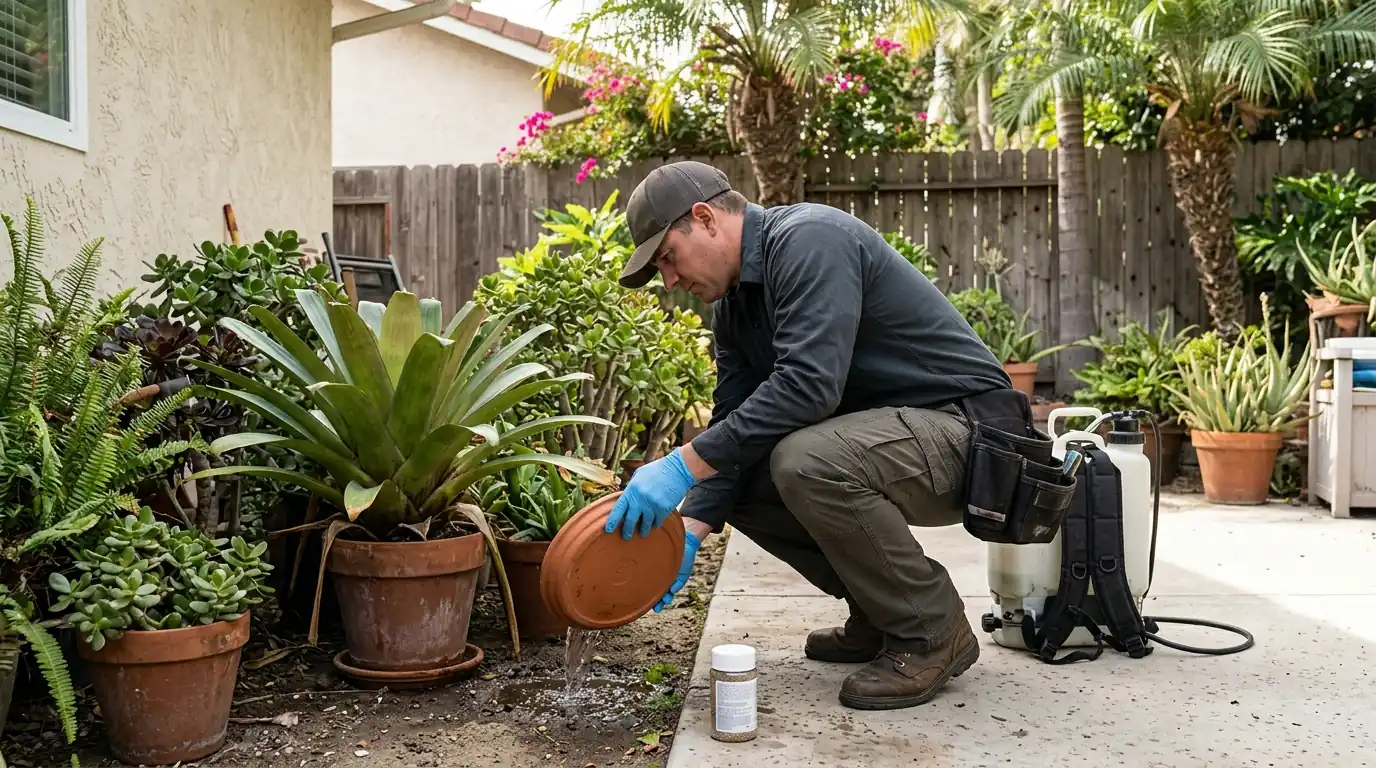 Technician tipping and treating water collected in plant saucers and a bromeliad in a Los Angeles backyard, pestcontrolhuntingtonbeachca mosquito detail