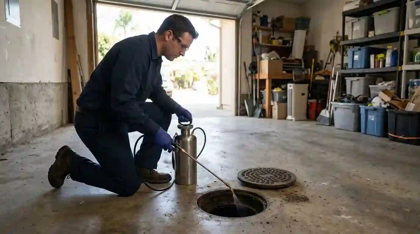 Technician treating a floor drain in the garage of a Los Angeles home with the cover lifted, pestcontrolhuntingtonbeachca cockroach feature