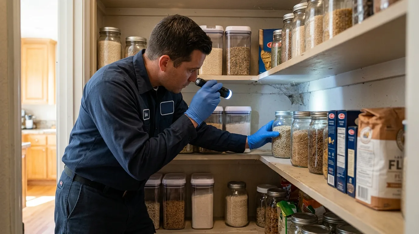 Technician inspecting dry goods containers and pantry shelf corners for webbing in a Los Angeles kitchen, pestcontrolhuntingtonbeachca pantry detail