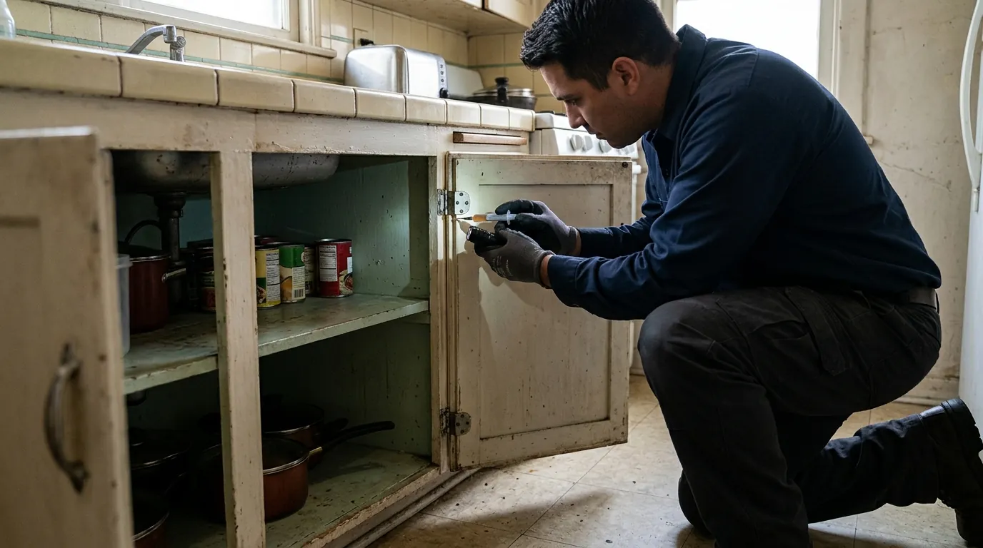 Technician treating kitchen cabinet hinge lines in an older Silver Lake apartment in Los Angeles, pestcontrolhuntingtonbeachca Silver Lake detail