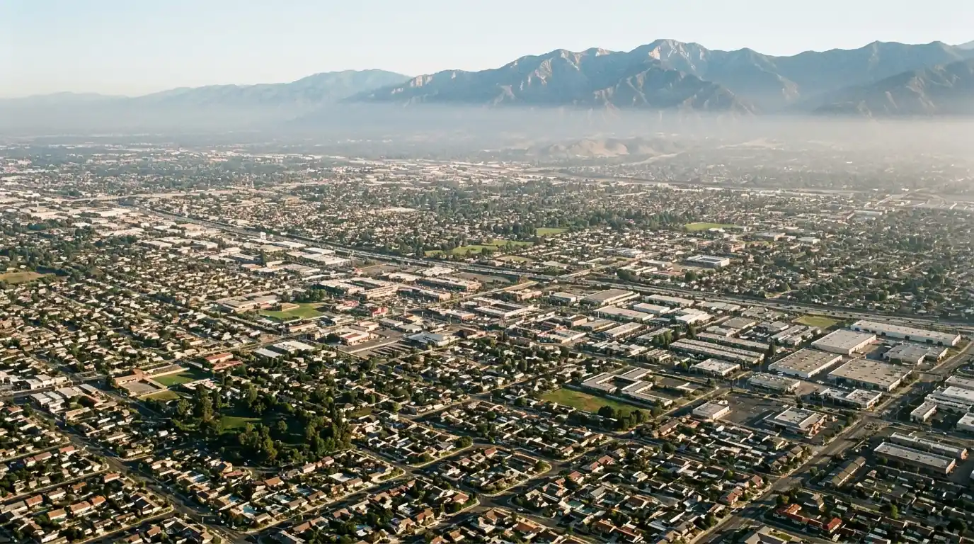 Aerial view of Los Angeles neighborhoods stretching toward the San Gabriel Mountains in morning haze, pestcontrolhuntingtonbeachca areas hub feature