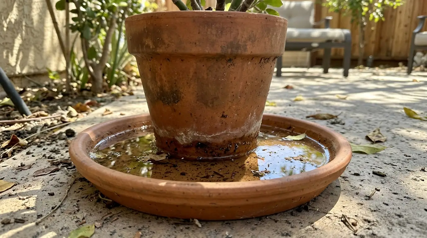 Water collected in a plant saucer under a potted plant on a Los Angeles patio, pestcontrolhuntingtonbeachca mosquito guide breeding source