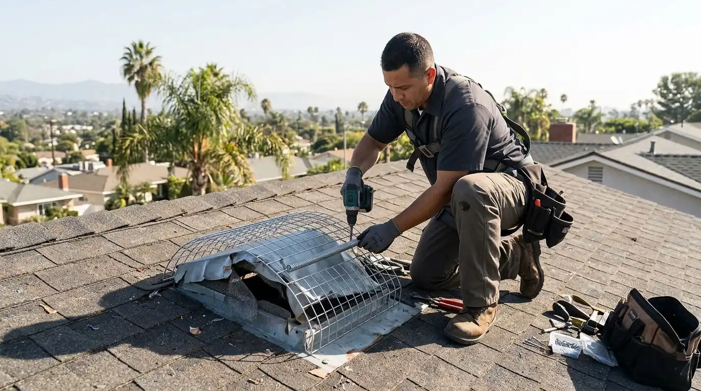 Technician fitting a one-way exclusion door over a torn roof vent on a Los Angeles home, pestcontrolhuntingtonbeachca raccoon detail