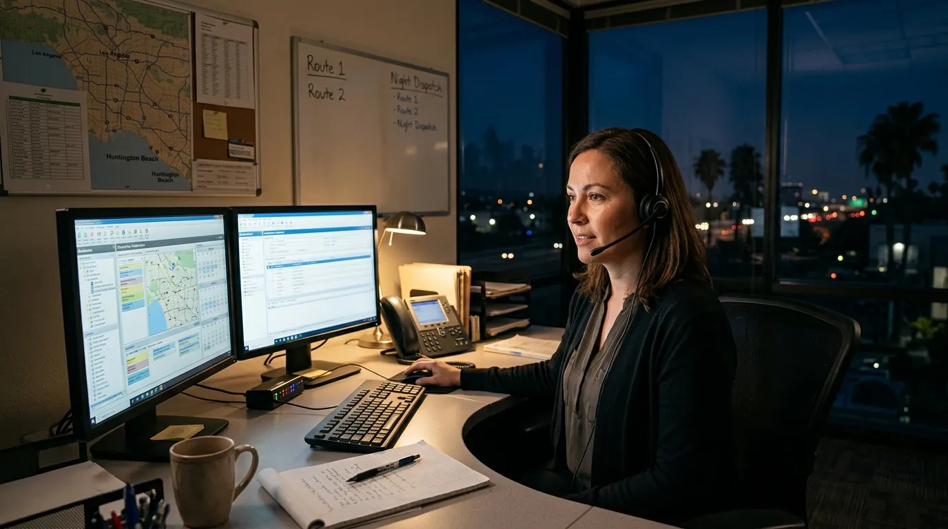 Dispatcher with a headset answering a call at night in a Los Angeles pest control office, pestcontrolhuntingtonbeachca phone and hours feature