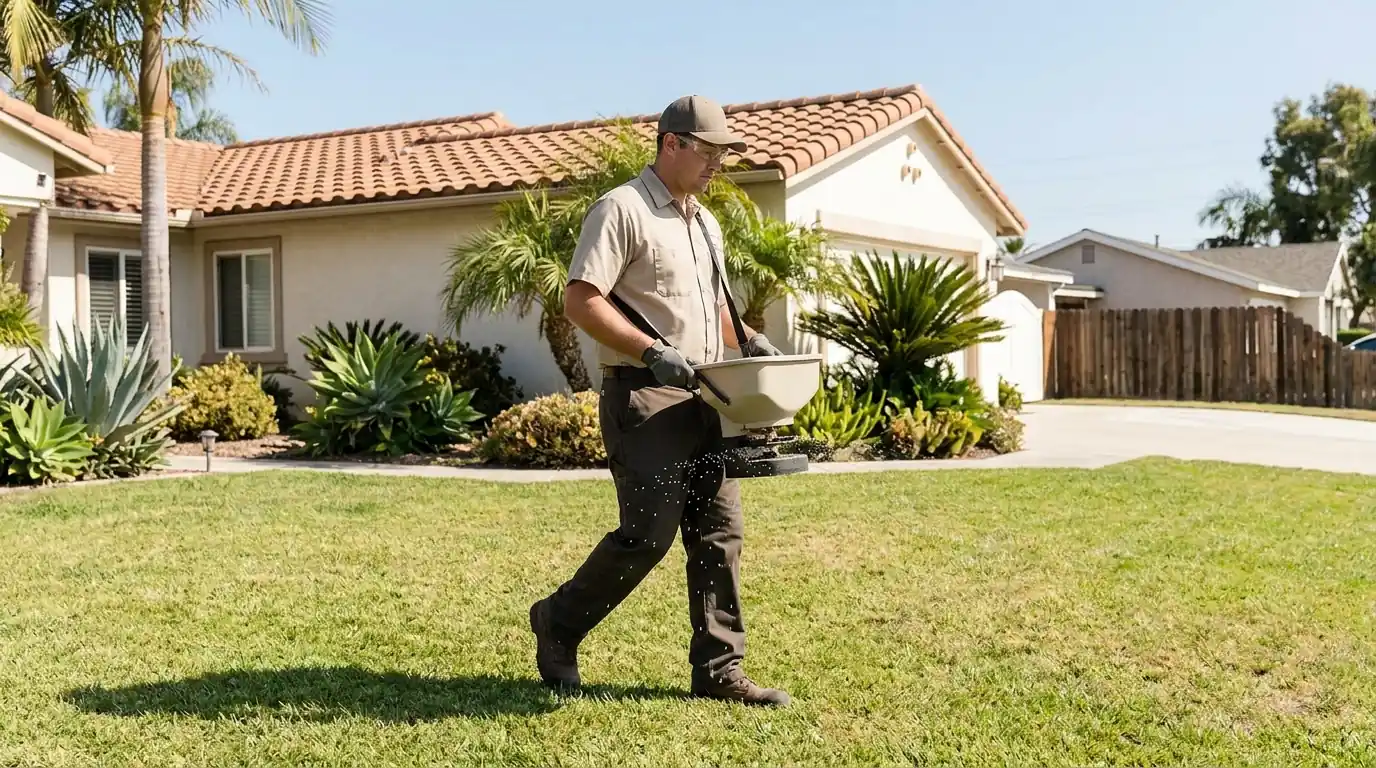 Technician spreading granular bait across a sunny lawn at a Southern California home, pestcontrolhuntingtonbeachca fire ant feature