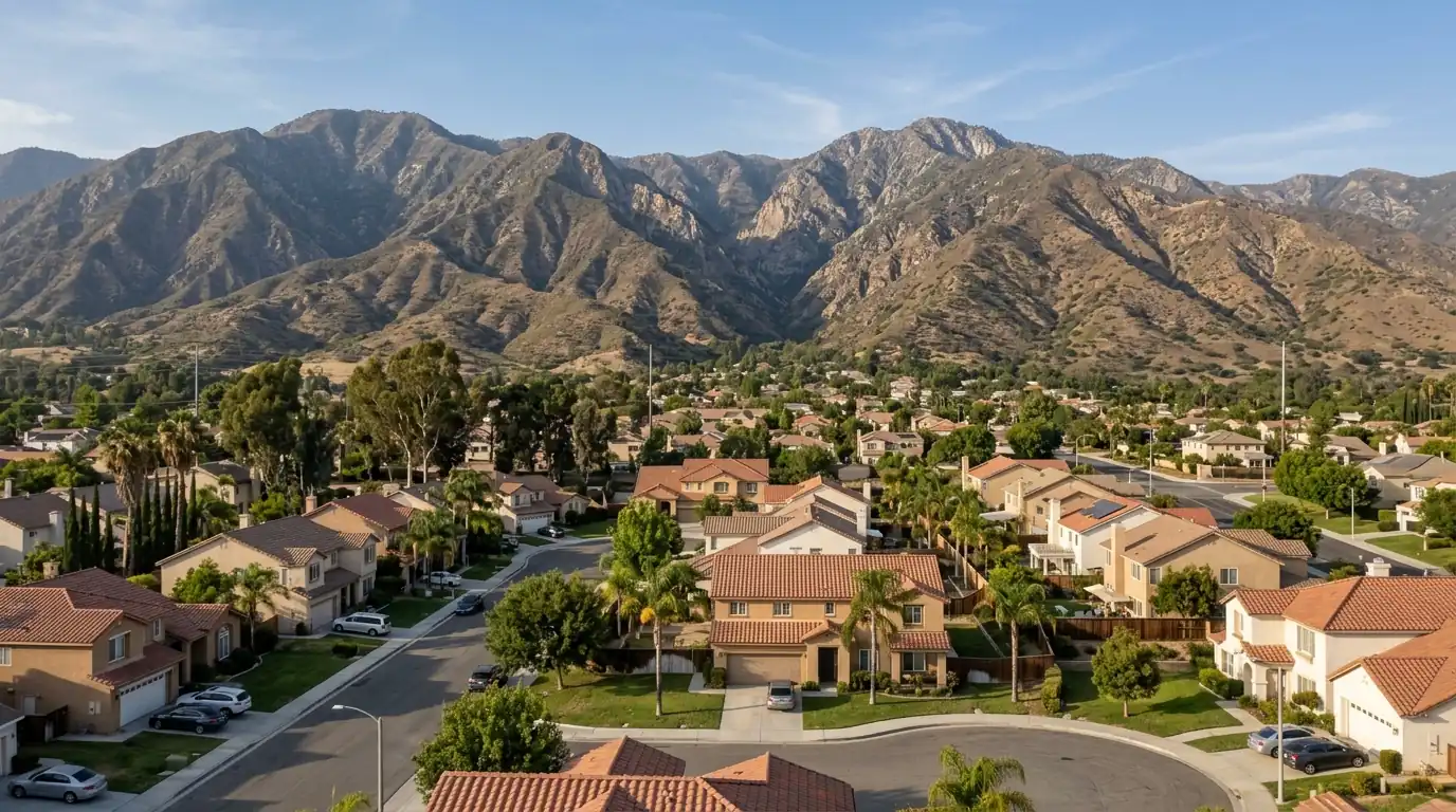 Rancho Cucamonga neighborhood with the San Gabriel Mountains rising behind tile-roof homes, pestcontrolhuntingtonbeachca San Bernardino County feature