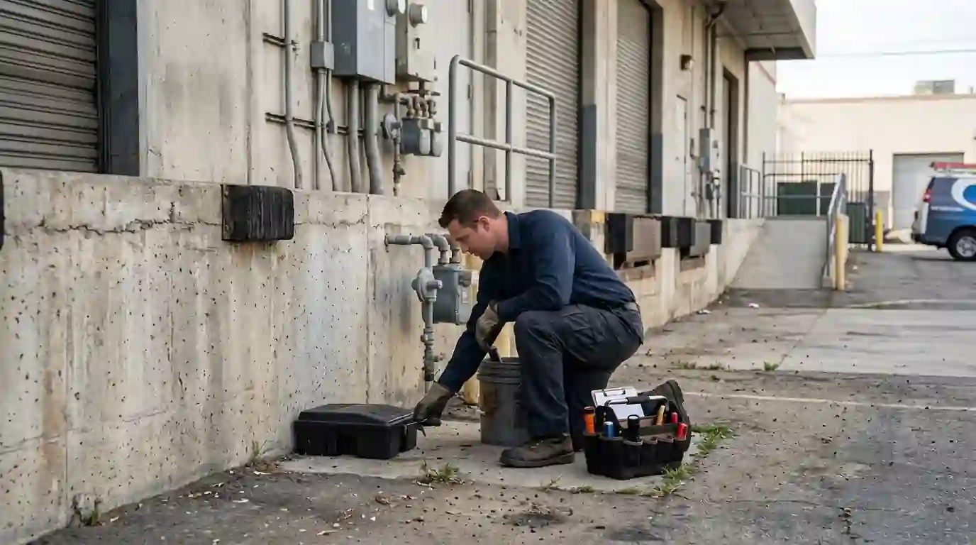 Technician checking a rodent bait station along the loading dock wall of a Los Angeles commercial building, pestcontrolhuntingtonbeachca commercial detail