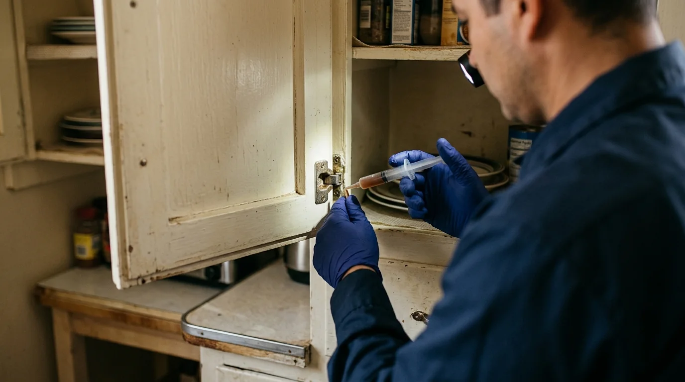 Technician applying gel bait inside a kitchen cabinet hinge line in an older Santa Ana apartment, pestcontrolhuntingtonbeachca Santa Ana detail