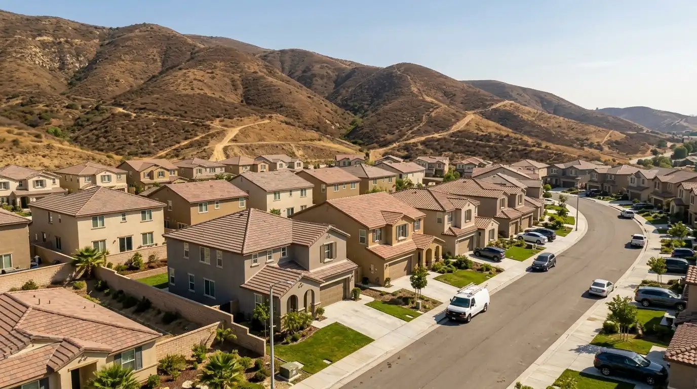 Newer tract homes with tile roofs and brown hills behind them in Corona California, pestcontrolhuntingtonbeachca Riverside County feature