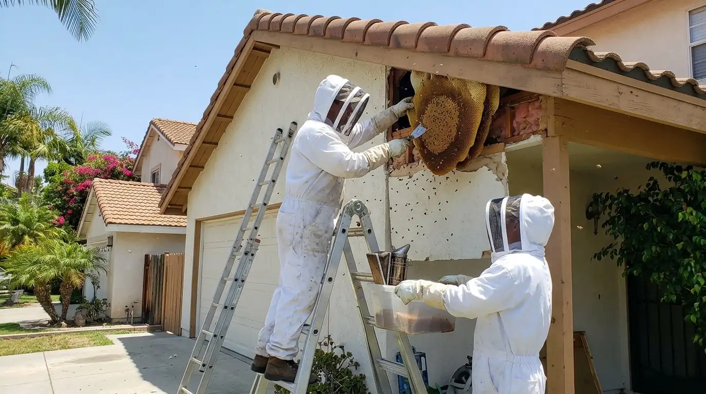 Crew in protective suits removing honeycomb from an opened soffit on a Los Angeles home, pestcontrolhuntingtonbeachca bee detail