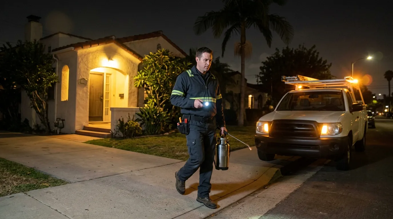 Pest control technician arriving at a Los Angeles home at night with equipment, porch light on, pestcontrolhuntingtonbeachca emergency detail