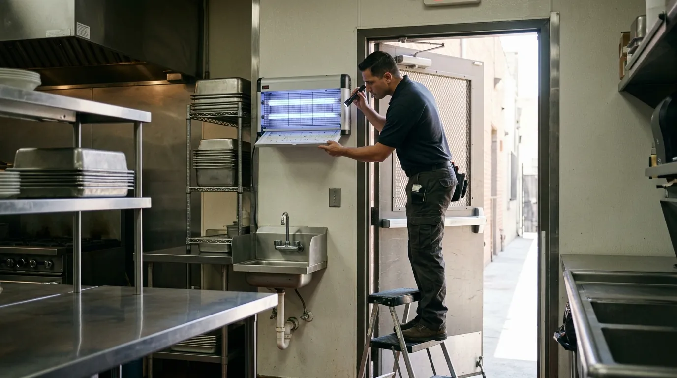 Fly light mounted near the back door of a Los Angeles restaurant kitchen with a technician checking it, pestcontrolhuntingtonbeachca fly feature