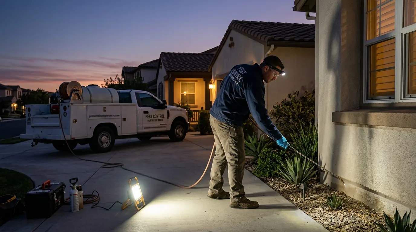 Pest control technician treating the exterior foundation line of a Los Angeles home at dusk with equipment lit by a work lamp, pestcontrolhuntingtonbeachca hero