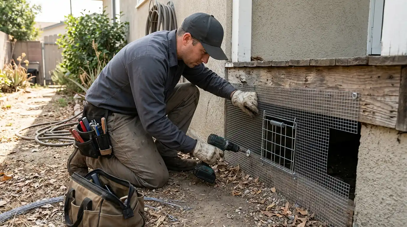 Technician installing a one-way exclusion door at a den opening under a wooden porch in Los Angeles, pestcontrolhuntingtonbeachca skunk detail