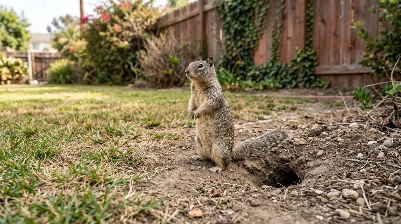 California ground squirrel standing upright beside its burrow at the edge of a Los Angeles backyard lawn, pestcontrolhuntingtonbeachca ground squirrel feature