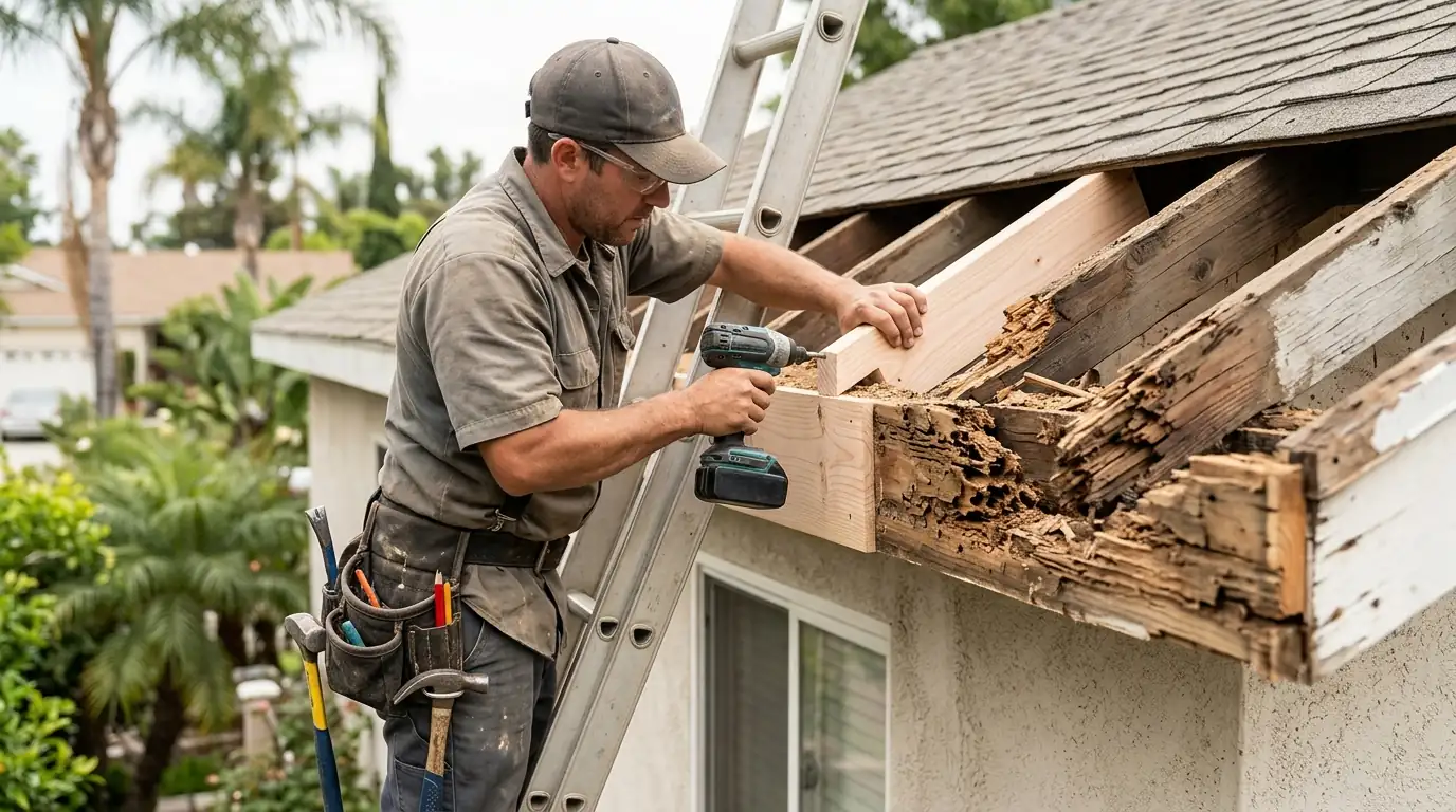Carpenter replacing a termite-damaged fascia board and rafter tail on a Los Angeles home, pestcontrolhuntingtonbeachca termite repair detail