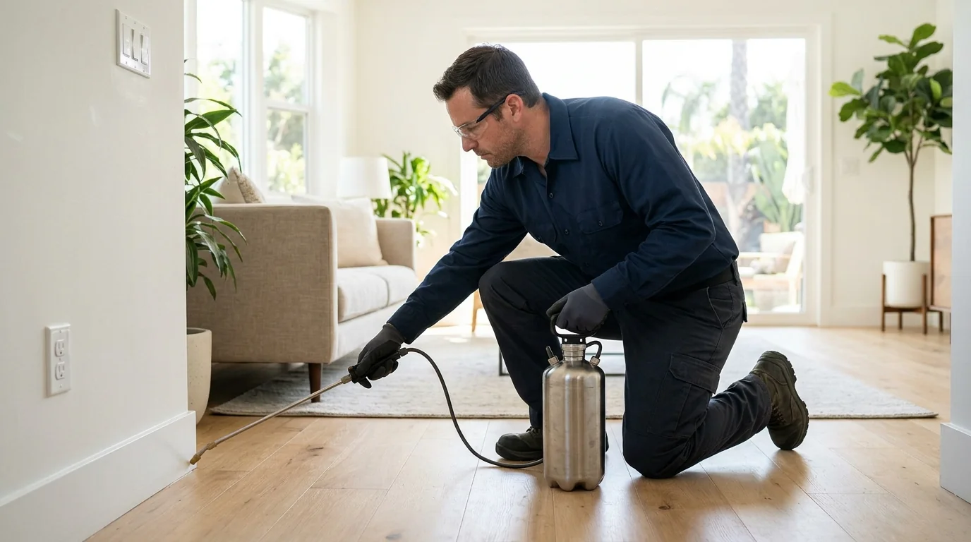 Pest control technician treating the baseboard and perimeter of a bright Los Angeles living room, pestcontrolhuntingtonbeachca residential feature