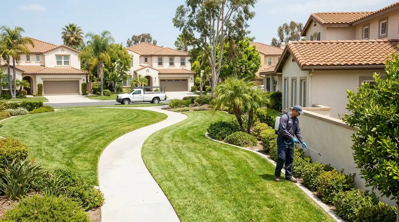 Master-planned Irvine neighborhood with tile roofs, a landscaped greenbelt and walking path, pestcontrolhuntingtonbeachca Irvine feature
