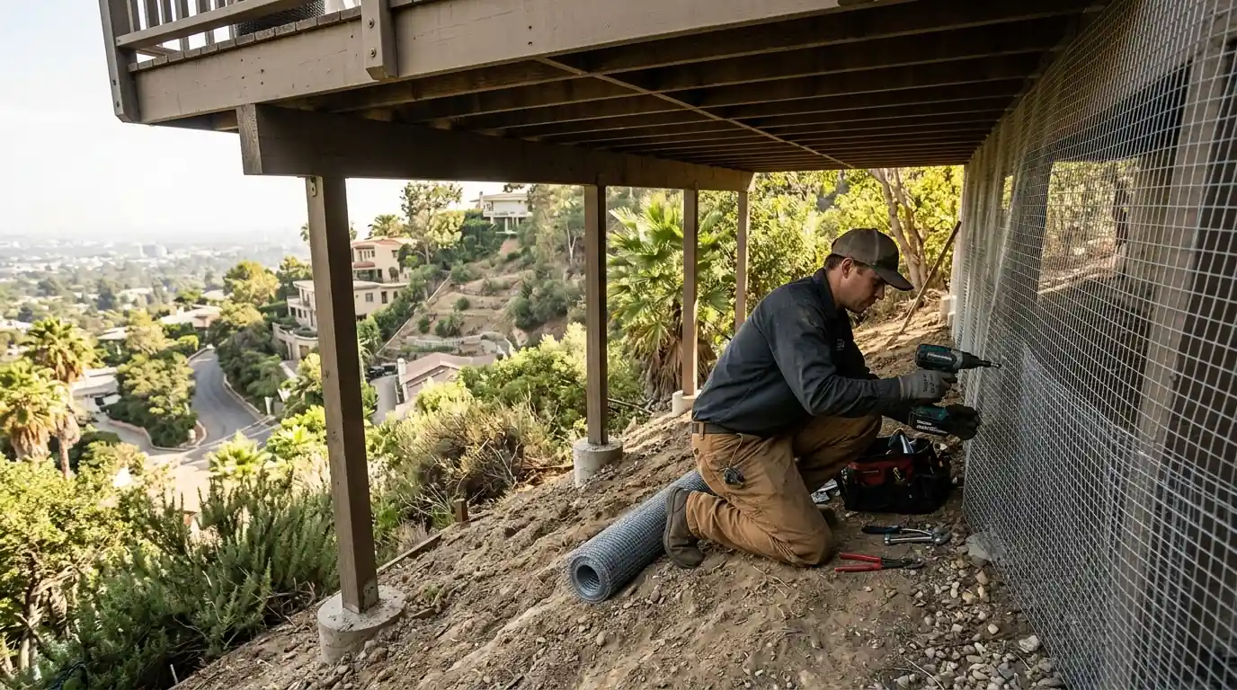 Technician installing mesh beneath a hillside deck on a Hollywood Hills home in Los Angeles, pestcontrolhuntingtonbeachca Hollywood Hills detail