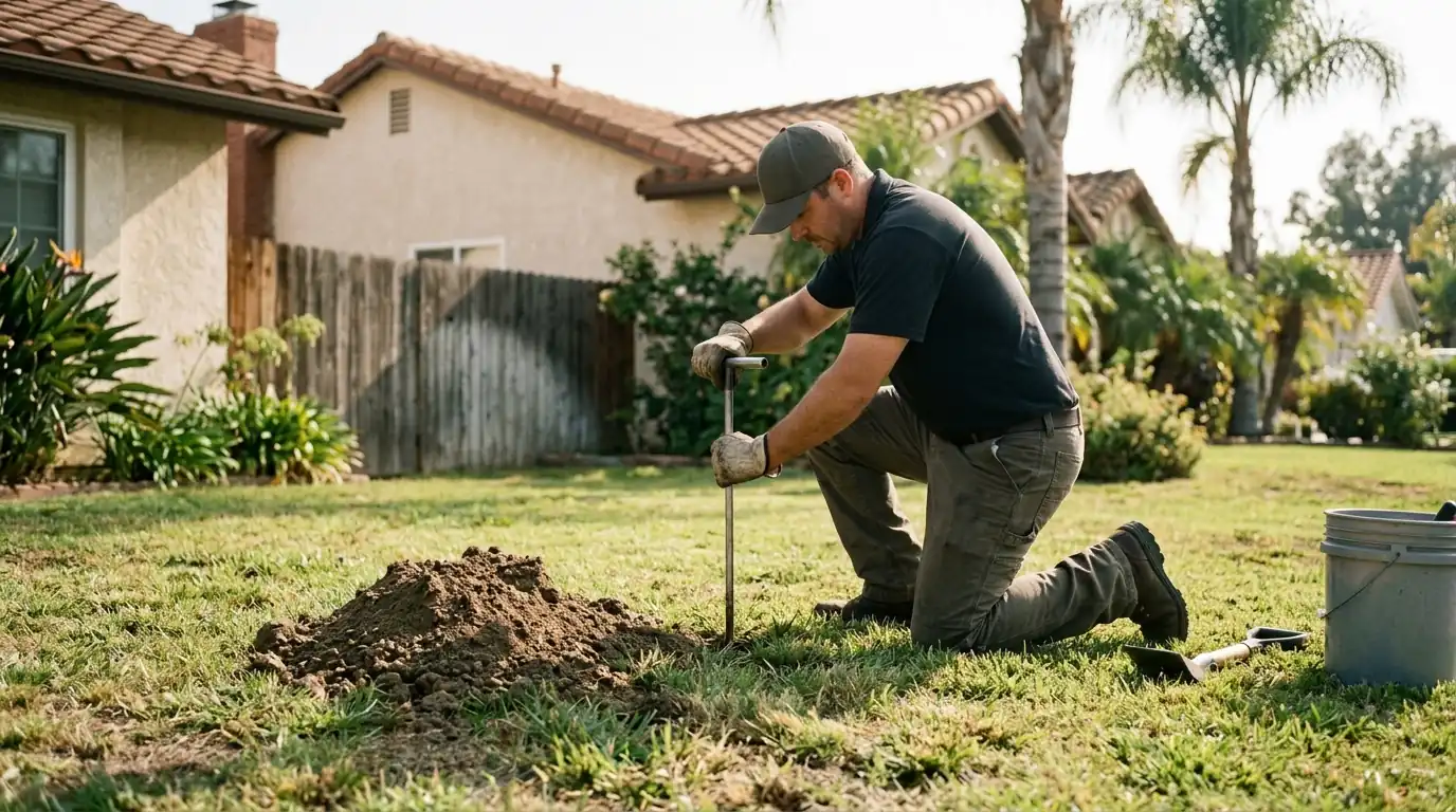 Technician probing the soil beside a fresh gopher mound in a Los Angeles lawn to locate the main tunnel, pestcontrolhuntingtonbeachca gopher detail