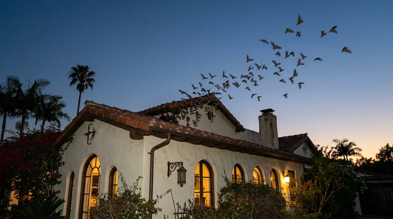 Bats emerging at dusk from the roofline of a Spanish-style Los Angeles home, pestcontrolhuntingtonbeachca bat feature