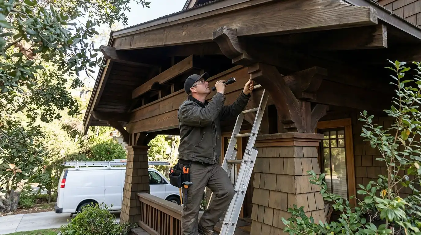 Technician inspecting the deep wooden eaves of a Pasadena craftsman home for drywood termite evidence, pestcontrolhuntingtonbeachca Pasadena detail