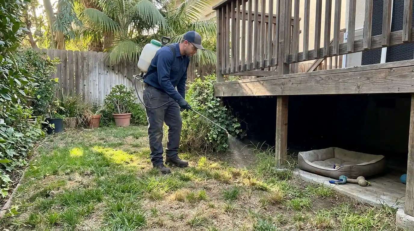 Technician treating the shaded lawn edge and under-deck area of a Los Angeles backyard where pets rest, pestcontrolhuntingtonbeachca flea feature