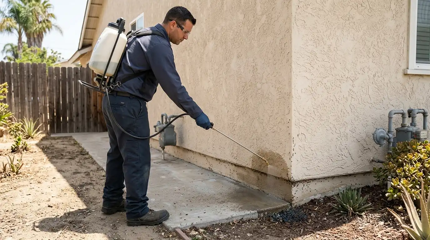 Technician applying non-repellent treatment along the exterior foundation line of a Los Angeles stucco home where ant trails run, pestcontrolhuntingtonbeachca ant feature