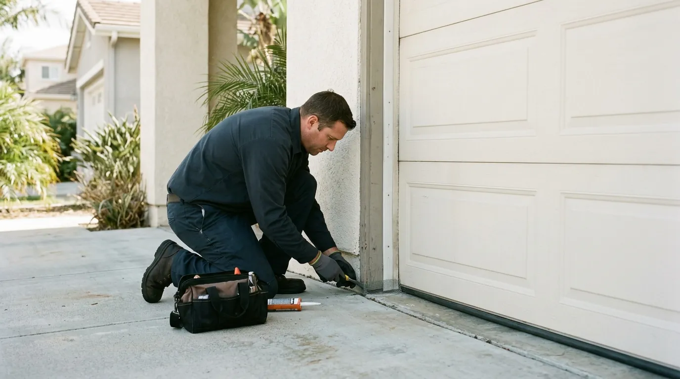 Technician sealing the bottom corner gap of a garage door on a Huntington Beach home, pestcontrolhuntingtonbeachca Huntington Beach detail
