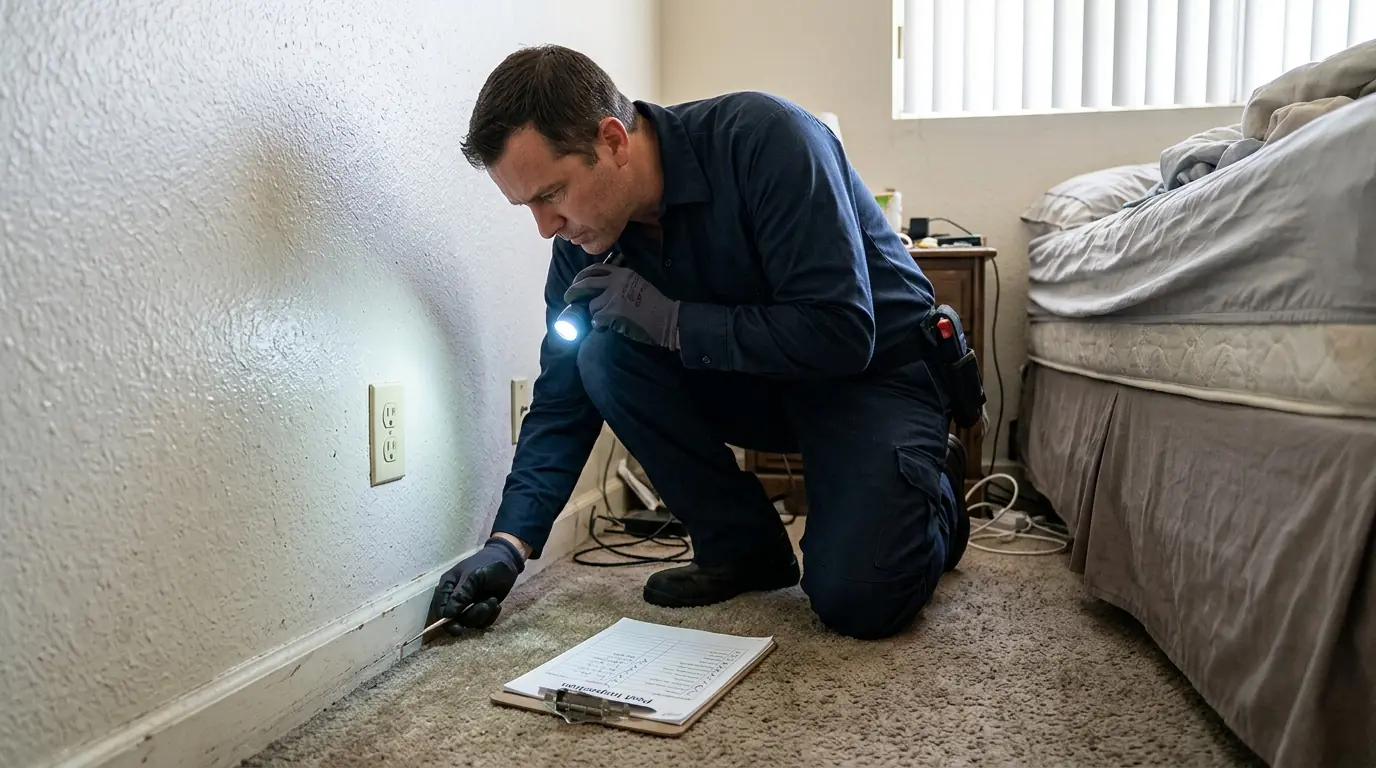Technician inspecting an electrical outlet and baseboard in a Los Angeles apartment bedroom with a flashlight, pestcontrolhuntingtonbeachca bed bug guide inspection