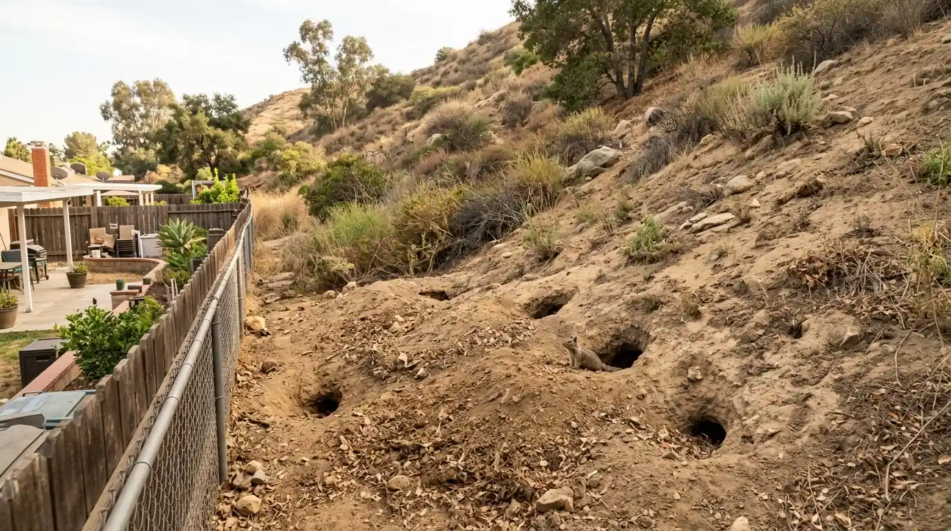 Ground squirrel burrows at the base of a foothill slope behind a Granada Hills home in Los Angeles, pestcontrolhuntingtonbeachca Granada Hills detail