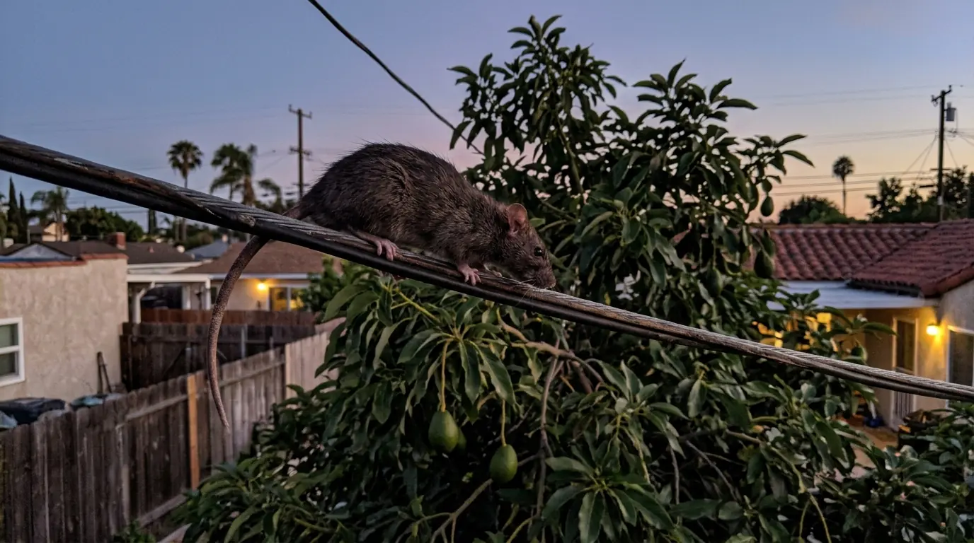 Roof rat on a utility line above a backyard avocado tree in a Los Angeles County neighborhood at dusk, pestcontrolhuntingtonbeachca LA County detail