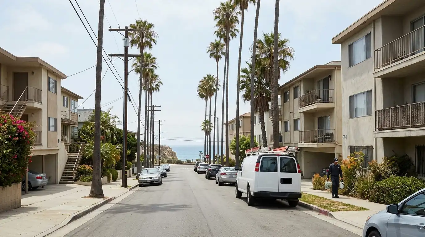 Santa Monica residential street of older apartment buildings and palm trees near the ocean, pestcontrolhuntingtonbeachca Santa Monica feature