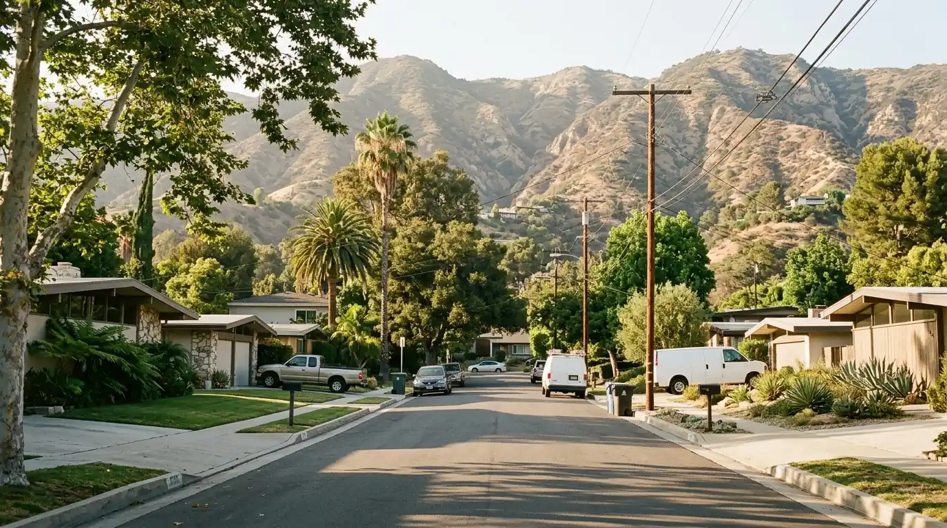 Mid-century homes on a tree-lined Studio City street with the Santa Monica Mountains behind, pestcontrolhuntingtonbeachca Studio City feature