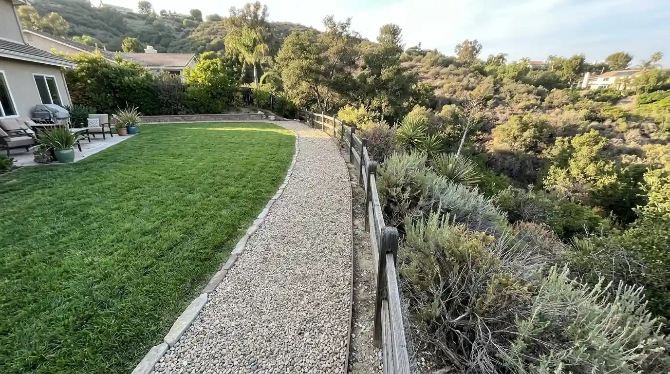 Hillside backyard in Los Angeles with a cleared gravel border between the lawn and native brush, pestcontrolhuntingtonbeachca tick feature