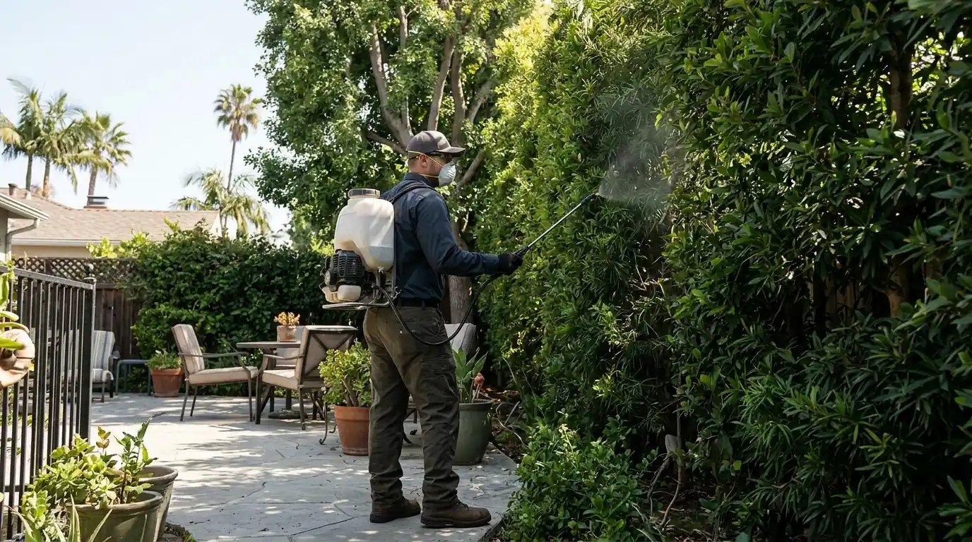 Technician applying a barrier treatment to shaded hedges along a Los Angeles backyard patio, pestcontrolhuntingtonbeachca mosquito feature