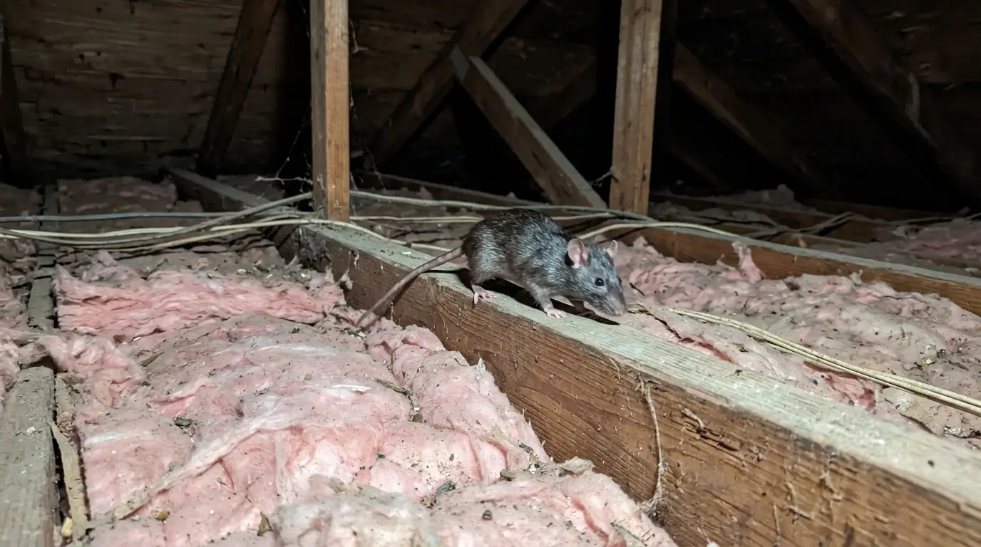 Roof rat moving along an attic rafter beside pink insulation in a Los Angeles home, pestcontrolhuntingtonbeachca roof rat guide feature