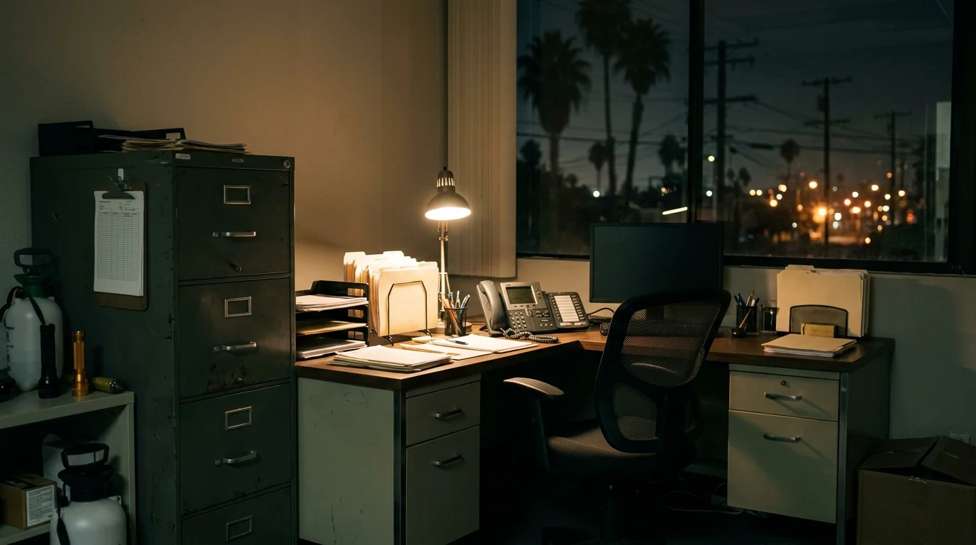 Closed filing cabinet and desk with a phone in a quiet Los Angeles pest control office at night, pestcontrolhuntingtonbeachca privacy feature