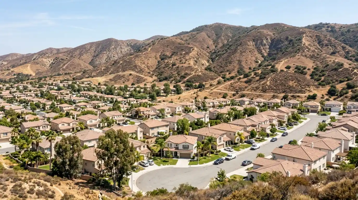 Santa Clarita Valley neighborhood of tile-roof homes with brown chaparral hills behind them, pestcontrolhuntingtonbeachca Santa Clarita feature
