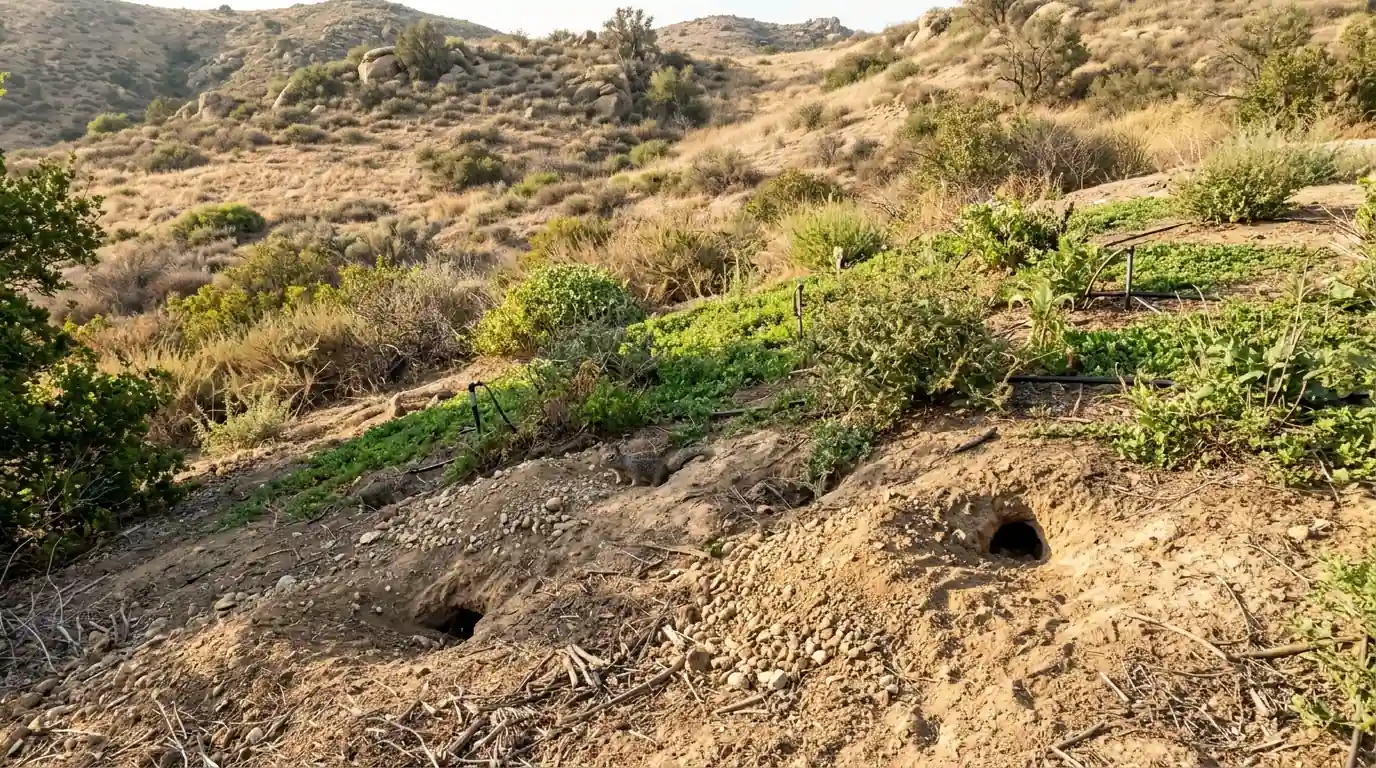 Ground squirrel burrows along an irrigated slope backing onto open hillside in Simi Valley, pestcontrolhuntingtonbeachca Ventura County detail